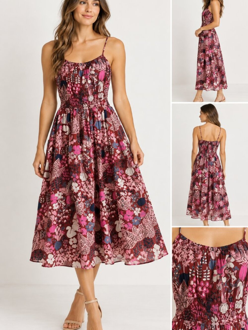 Kate Spade Floral Smocked Waist Midi Dress Boho Pink Burgundy Size 8